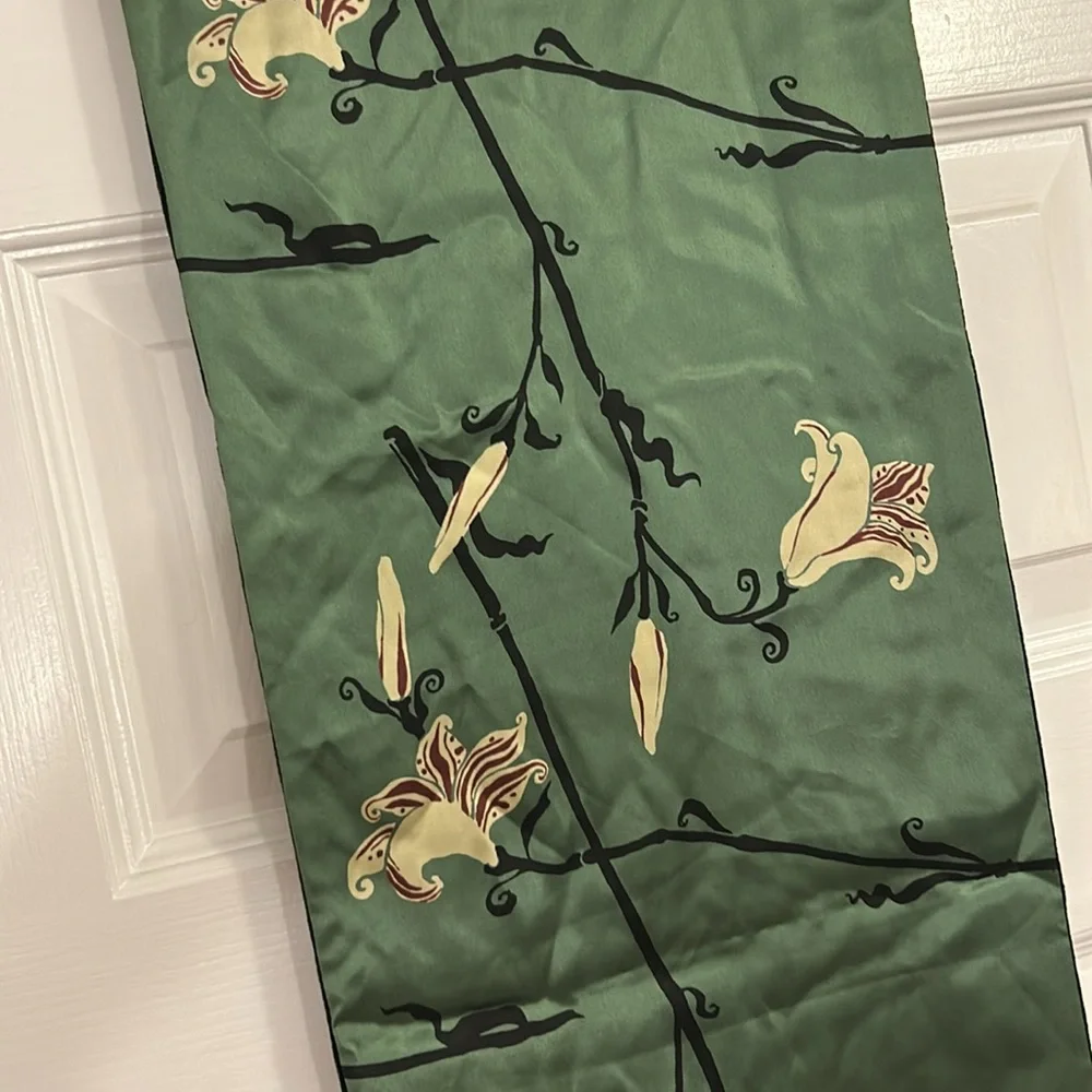 Silk Velvet Orchid Print Scarf Green Red Black Reversible